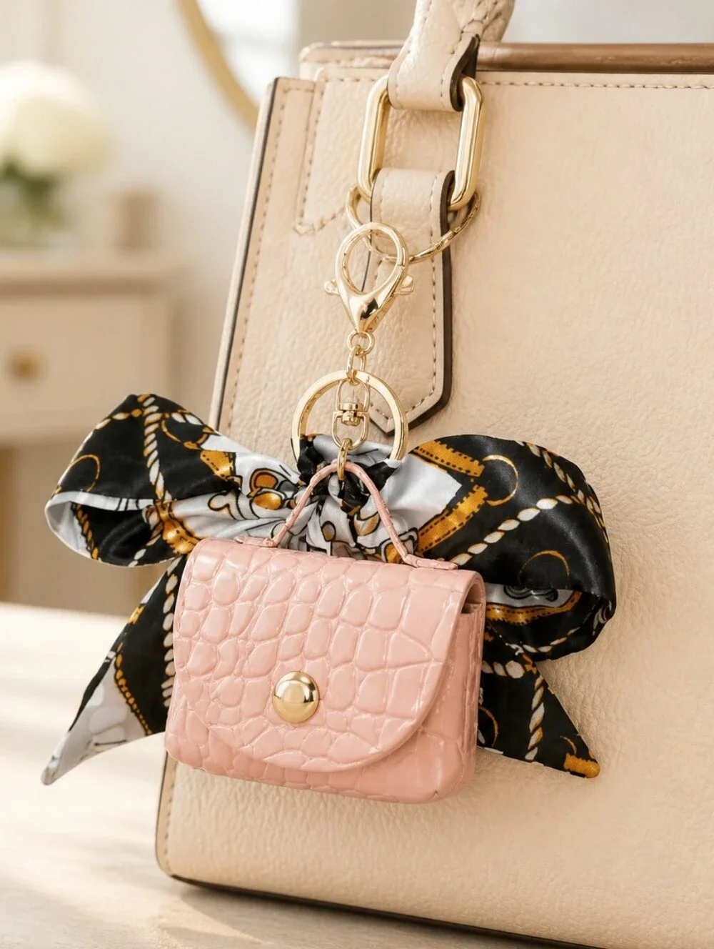 Pink Croc Mini Purse Bag Charm Keychain Scarf Bow AirPods Coin Pouch Keyring New